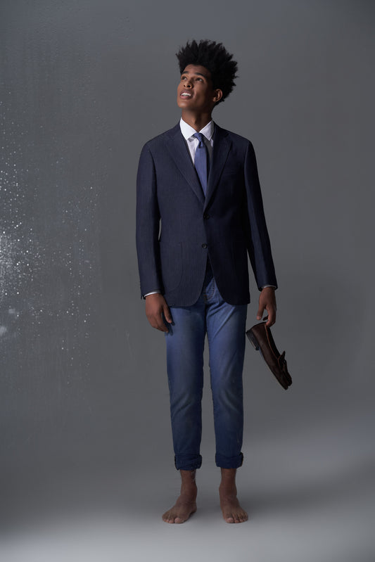 Zegna Navy Herringbone Striped Bespoke Blazer | Niviosuits