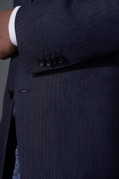 Zegna Navy Herringbone Striped Bespoke Blazer | Niviosuits